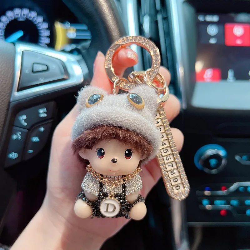 Creative Diamond Knitted Hat Doll Keychain Anti Loss Phone Number Plate Fashion Car Keychain