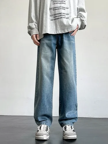 Imagen 2 del producto Nuevo 2025, pantalones vaqueros largos informales de estilo coreano para hombre, pantalones vaqueros rectos clásicos de pierna ancha, colores sólidos, azul claro, gris y negro