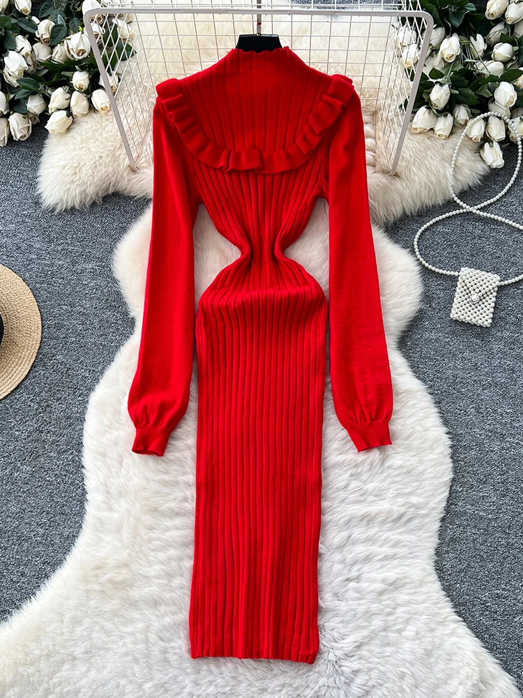 Vestido de malha com borda de fungo francês para mulheres no outono inverno moda sexy cintura cinching camada inferior vestido de lã s186