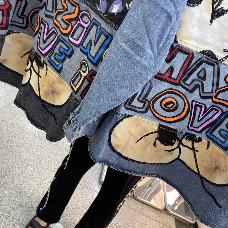 Popular New Sequin Printed Shirt Long Sleeves Top Medium And Long Polo Neck Single-breasted Versatile Blouse Thick Jacket Female