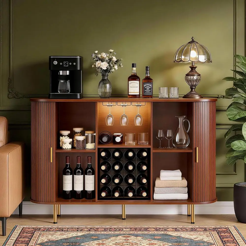 

Винный шкаф-бар 55 Walnut с местом для хранения, шкаф для алкоголя и кофе, винная полка и держатель для бокалов для дома, кухни, гостиной и