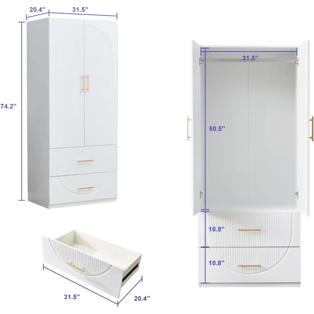 Armoire Wardrobe Closet, 74'H Wardrobe Closet With 2 Doors, Wardrobe Cabinet With 2 Drawers, White And Wooden Clothes Cabinet|