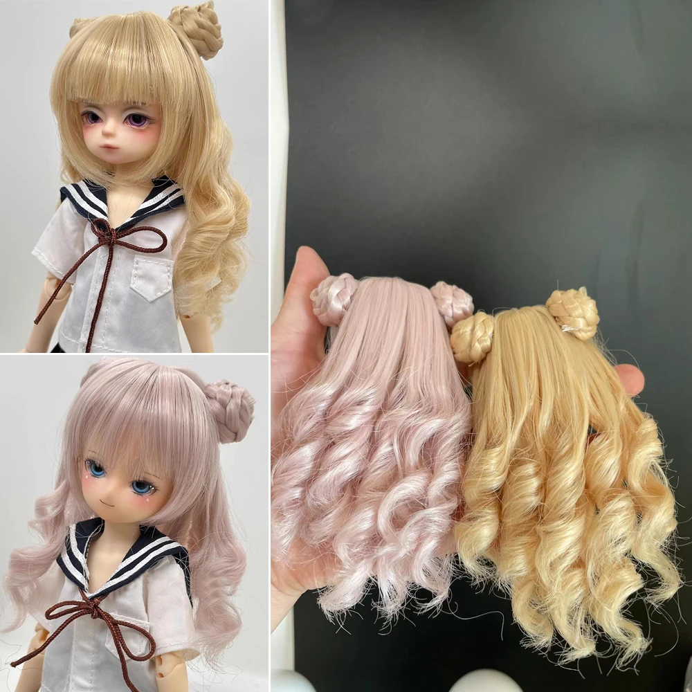 D03-C008 children handmade toy 1/8 1/12 doll BJD/SD doll's Accessories gold color pink Long curly hair 1pcs