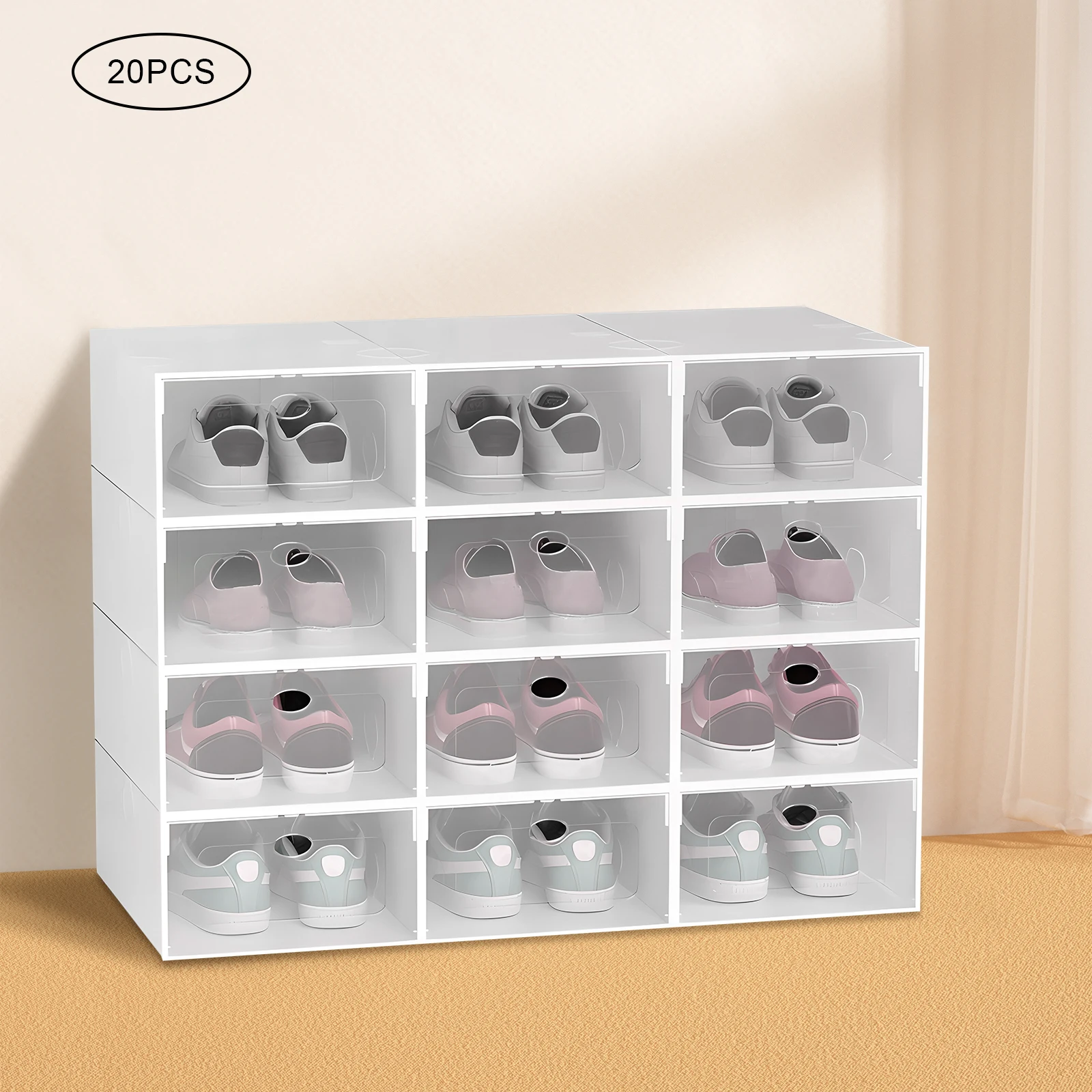 20PCS Stackable Shoe Storage Box Durable Plastic Sneaker Display Case Organizer