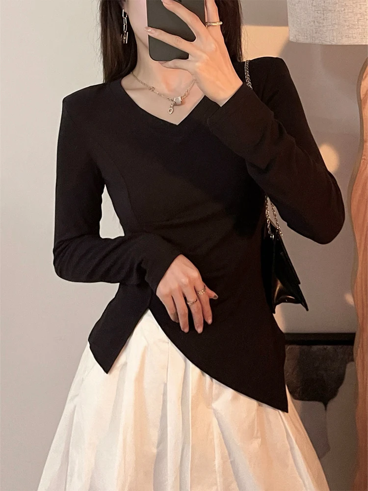 

Модный женский топ-базовый слой с V-образным вырезом и асимметричным подолом для похудения, удобный для повседневной носки