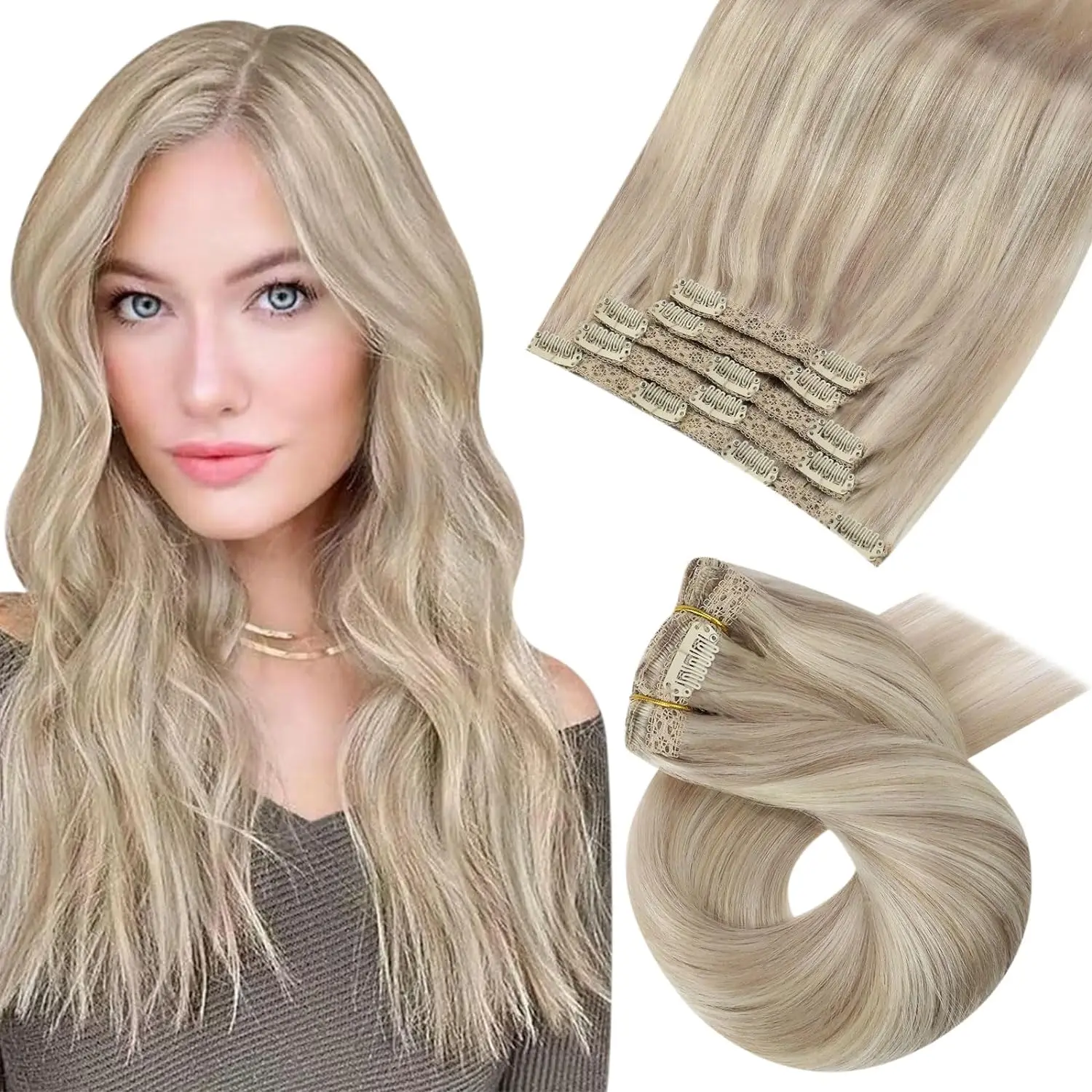 

Moresoo Hair Extensions Clip ins Human Hair Remy Blonde Highlight Double Weft Clip in Human Hair Extensions 12-14inch 70G 5PCS