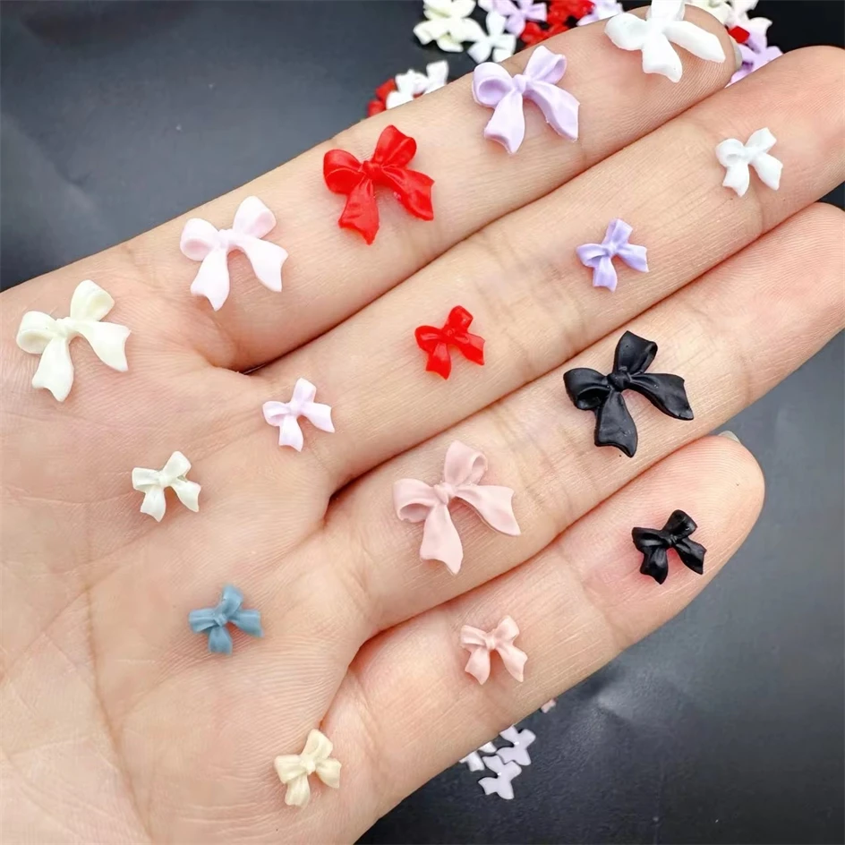50pcs 2Sizes Bow Nail Charms Bulk Mix Colors 3D Flatback Resin Ribbon Nail Art Decorations Parts DIY Summer Nail Art Accessories