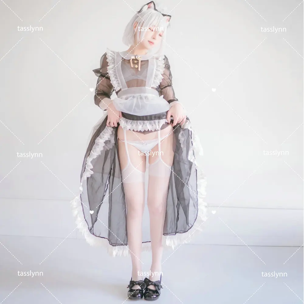 Cute Lace See Through Japanese Style Maid Long Dress Sexy Halloween Costume