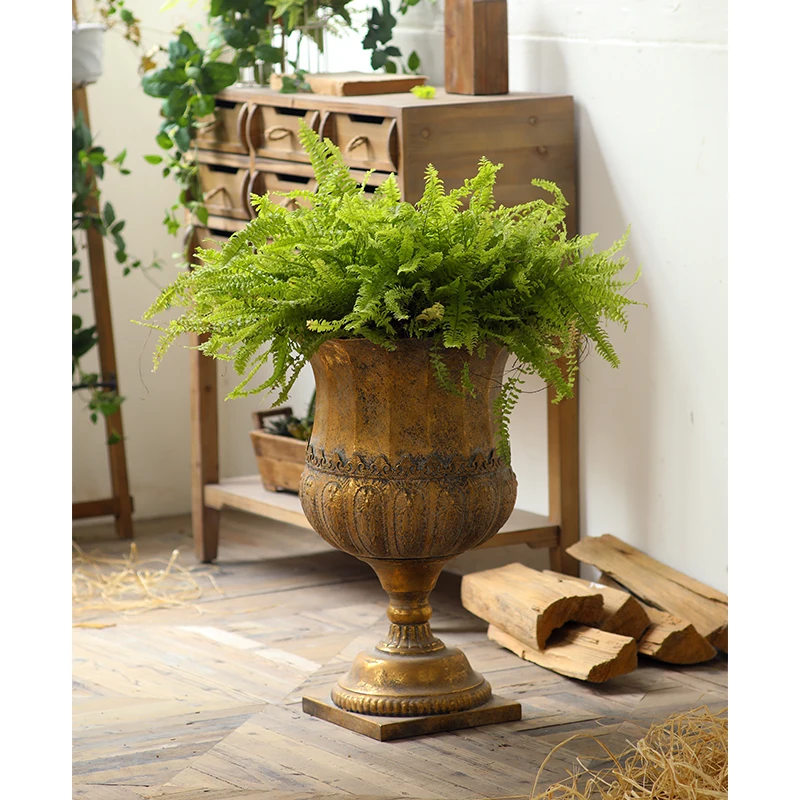 Vintage Iron Trophy Urn Planter, Antique Gold Pedestal Vase, European Estate Garden Decor, Large Statement Planter