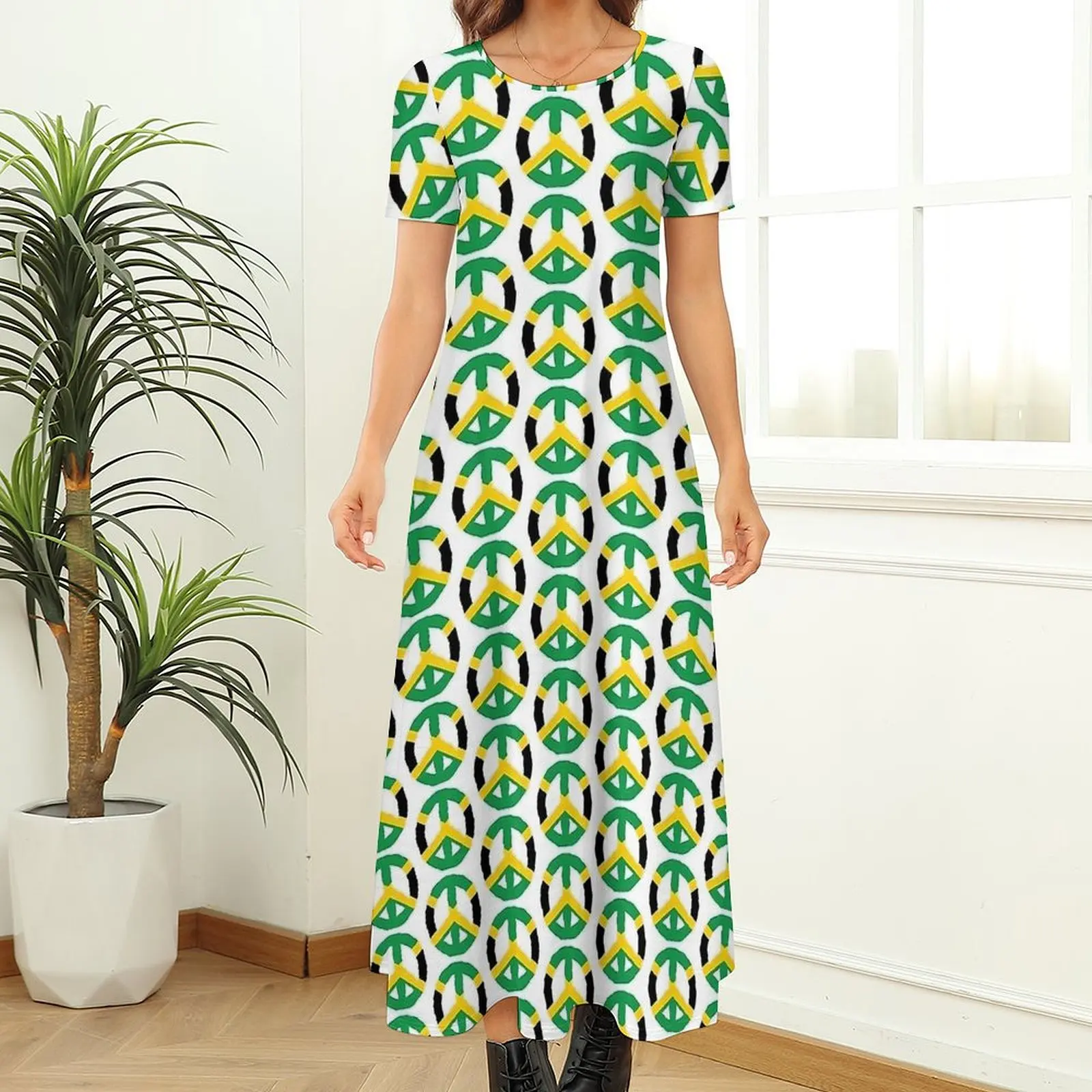 Jamaican Flag Dress Peace Sign Jamaica National Flag Street Wear Bohemia Long Dresses Women Retro Maxi Dress Big Size 6XL 7XL