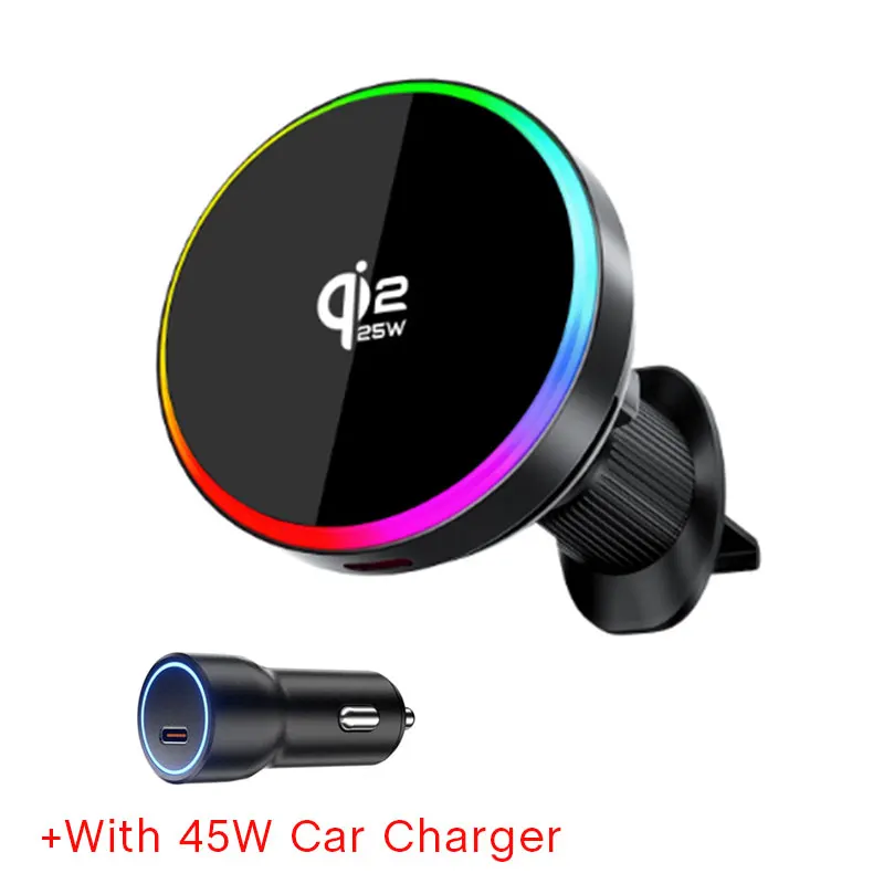 Qi2.2 25W Air-Cooling Car Magnetic Wireless Charger LED Light Phone Stand For Magsafe iPhone 17~12 Pro Max Fast Charging Station