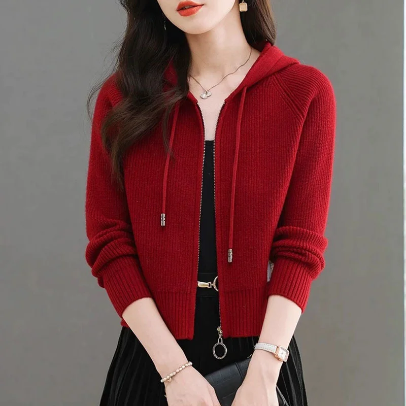 Non-Ball ort Damen-Cardigan mit offener Strickwaren, lässig, lockere Passform, lange Sve-Kapuze, Jaet-Herbst-Oberbekleidungsmantel