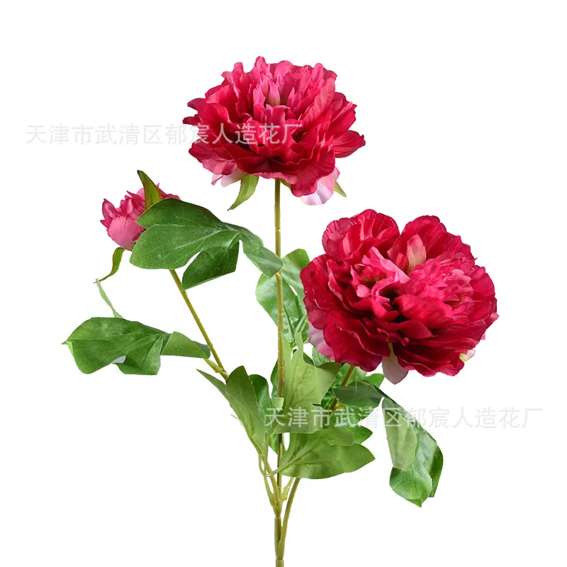 1/4pc Peony & Peach Blossom Set - 3-Headed Nordic Style Silk Flowers for Wedding Decor, Wholesale Artificial with Hanging Stems