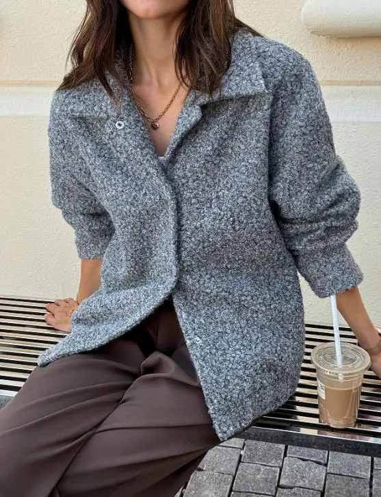 

Autumn Solid Color Lapel Wool Slim Fit Short Jacket for Women's Casual Loose Warm Button Front Solid Color Short Jacket