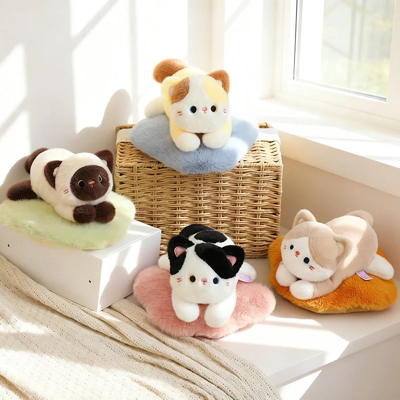 Cute Lying Cat Plush Toy with Cloud Base Soft Fluffy Kitten Stuffed Animal Doll for Adult Home Decor Gift