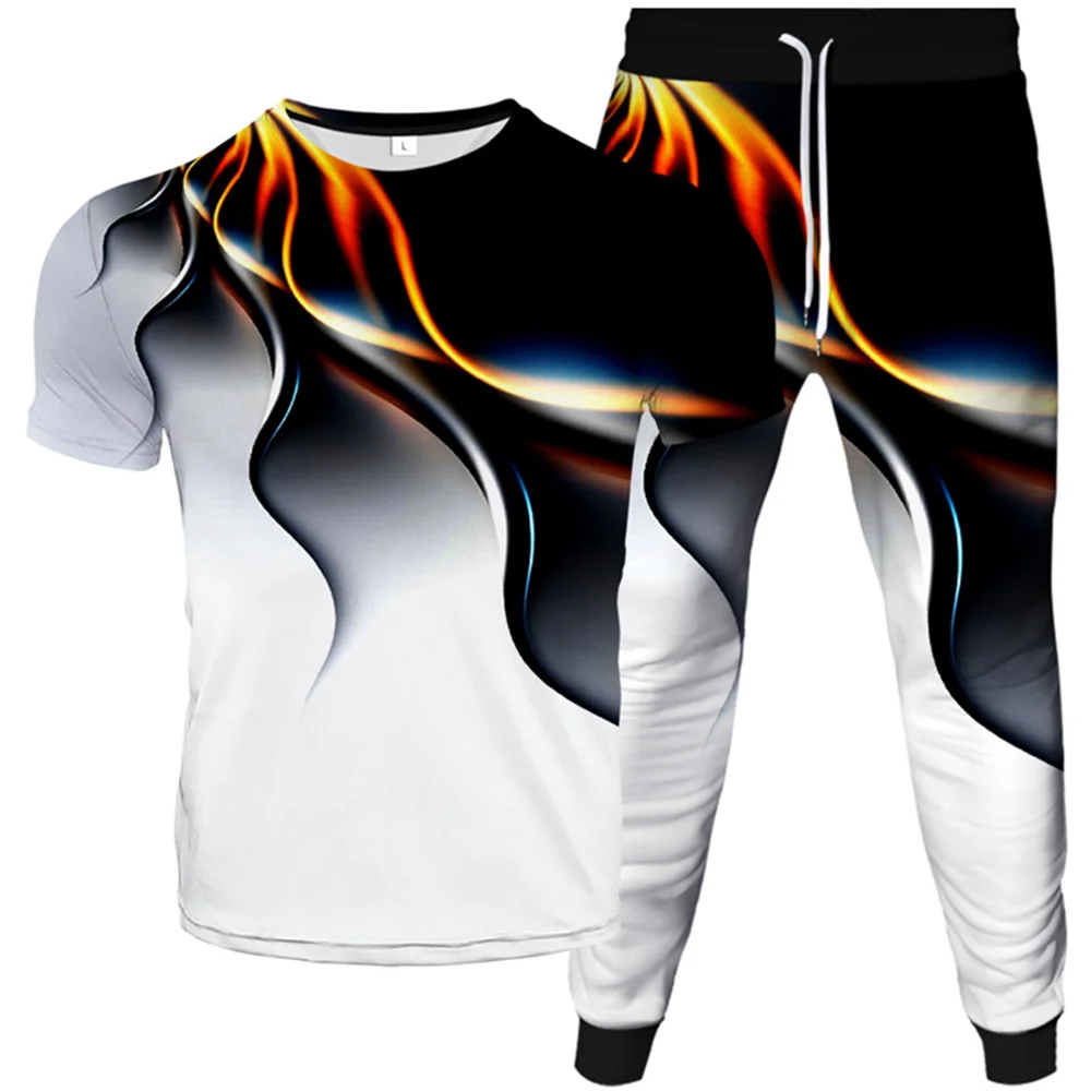 Men Fashion 3D Tracksuit Digital Print White Black Color Matching Male Clothing Women T-Shirt Trousers 2pcs Sets Plus Size S-6XL