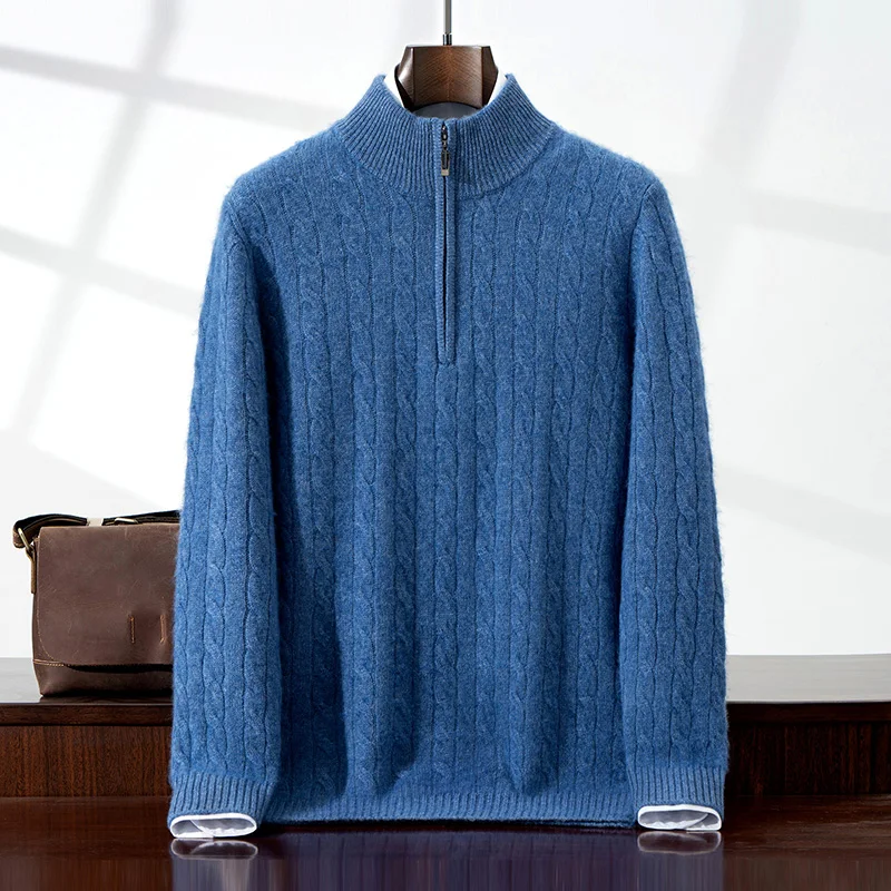 CHICUU 남성용 100% 캐시미어 스웨터 목폴라 지퍼 케이블 니트 풀오버 가을 겨울 두꺼운 따뜻한 프레피 스타일 캐시미어 니트웨어