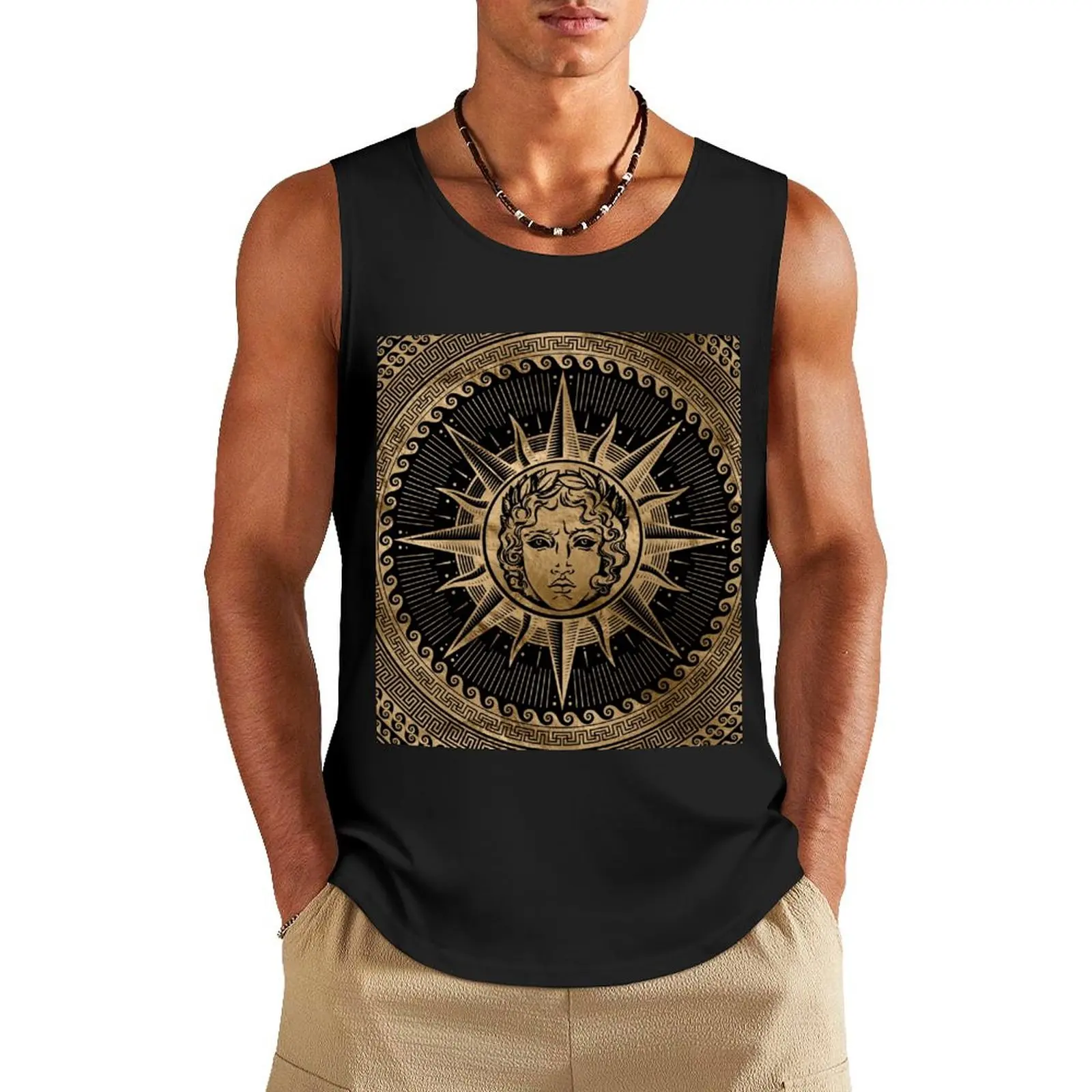 

Golden Apollo Sun God on Greek Key Ornament Tank Top bodybuilding t-shirt bodybuilding summer 2025 Men's t-shirt