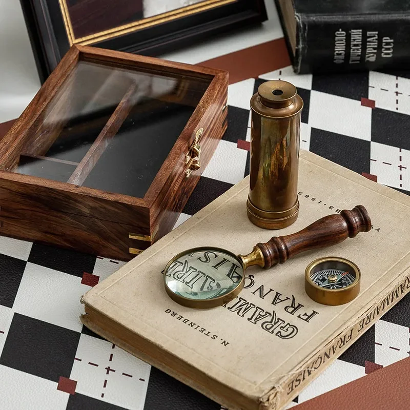 Vintage Brass Magnifying Glass Set with Compass & Telescope, Antique Nautical Study Room Decor, Gift for Home Office Desk
