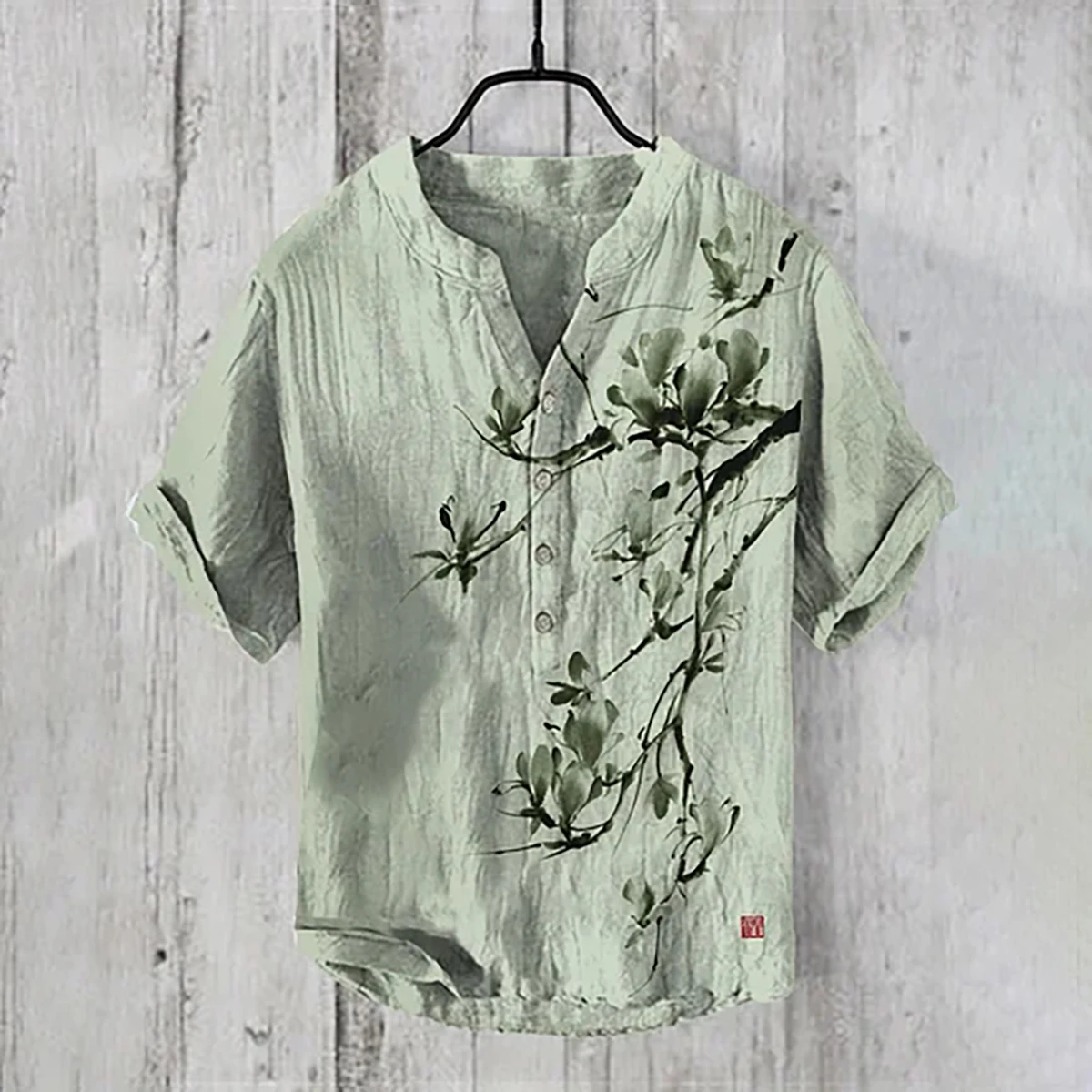 Camisa masculina manga curta de linho, estampa flor de ameixa, decote em v na moda, camisa casual solta e confortável, S