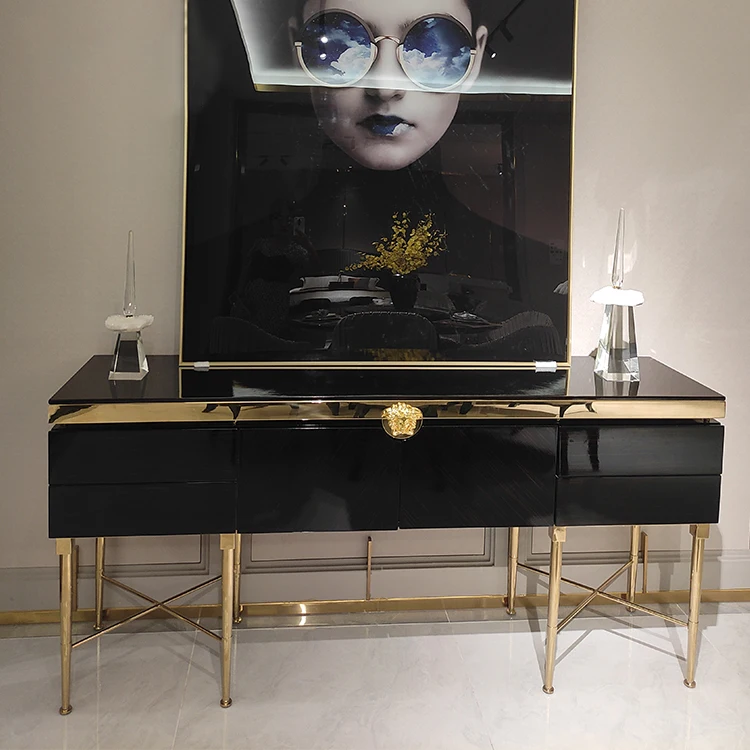 Dining Room Furniture Black Veneer High Gloss Sideboard Metal Leg Mirror Top Buffet Cabinet Modern Wooden Sideboard
