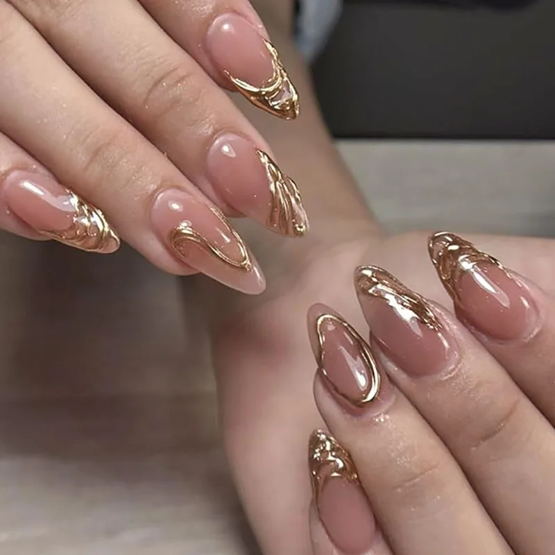 3D Medium fake nails for women gilrs Nude almond nail tips w