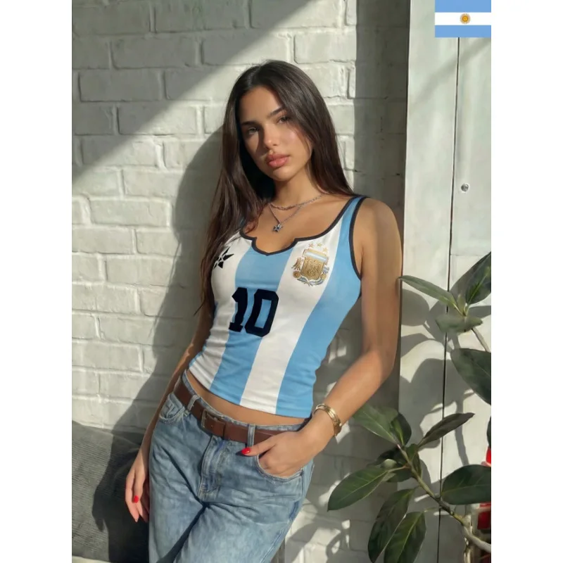 Ins Trendy Spicy Girl Cami Women Summer European American Argentina Flag Print Slim Fit Cropped Sleeveless Tank Top