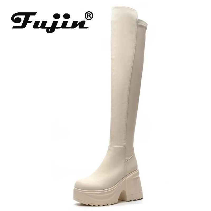 

Fujin 10cm Synthetic Cloth Streth Fabric Women Knee High Boots Leather Autumn Platform Wedge Fashion British Spring Boots Shoes
