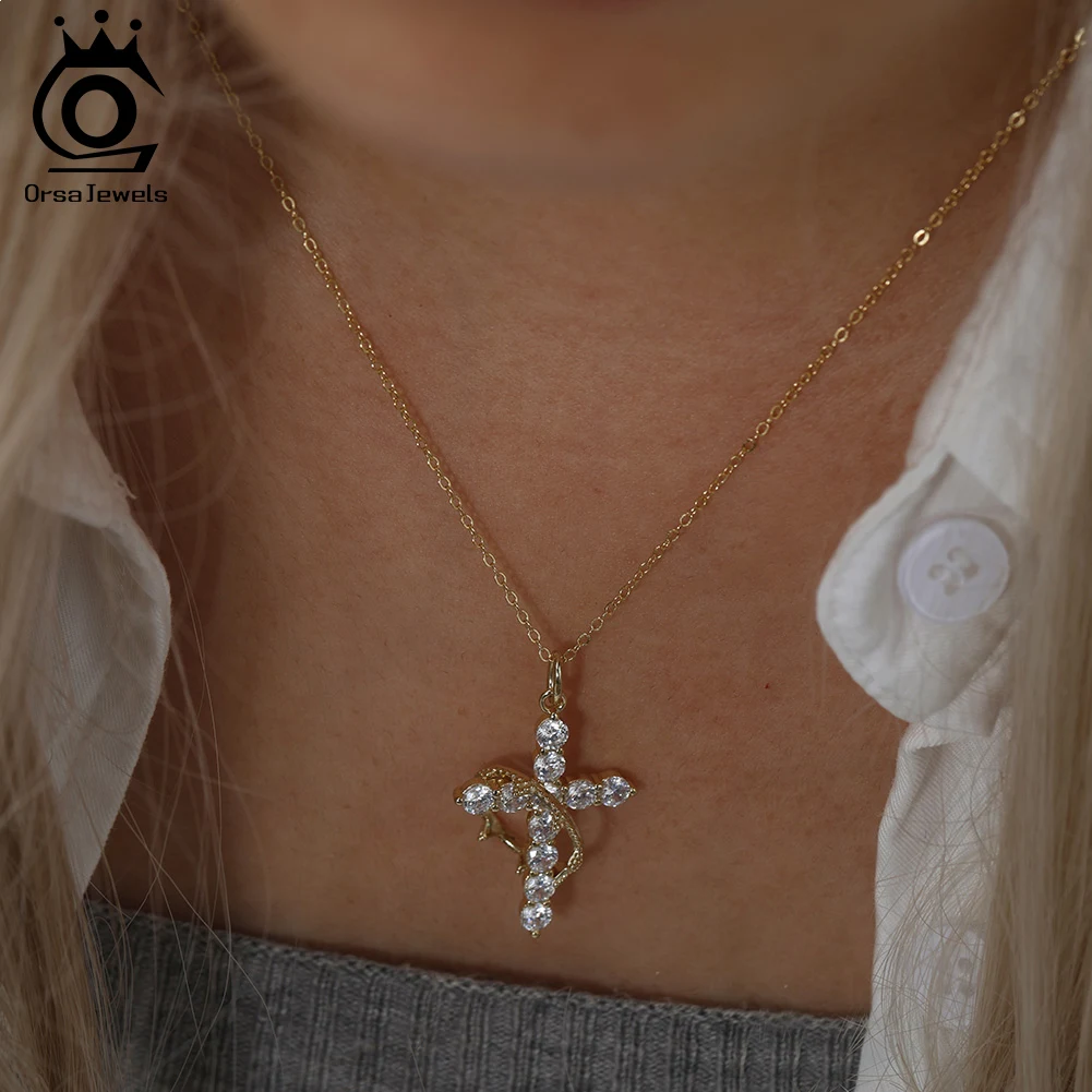 

ORSA JEWELS Exquisite Cross Shaped Pendant Necklace 925 Silver Inlaid Cubic Zirconia Cross Choker Chain Party Statement SAPN52