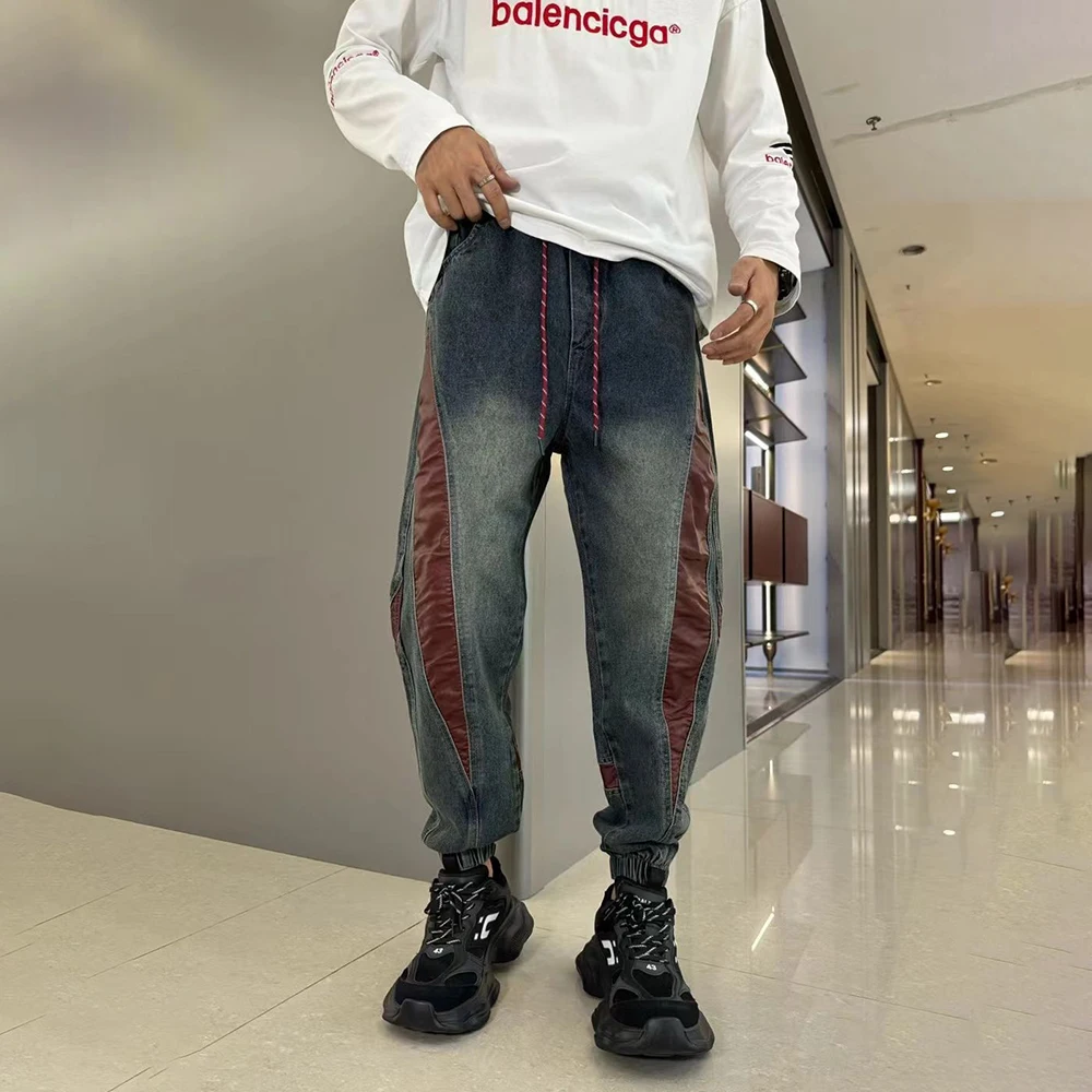 

Mens Street Hip-Hop Y2k Jeans Autumn New Fashion Trend Contrast Color Stitching Trousers Loose Slim Elastic Waist Harem Pants