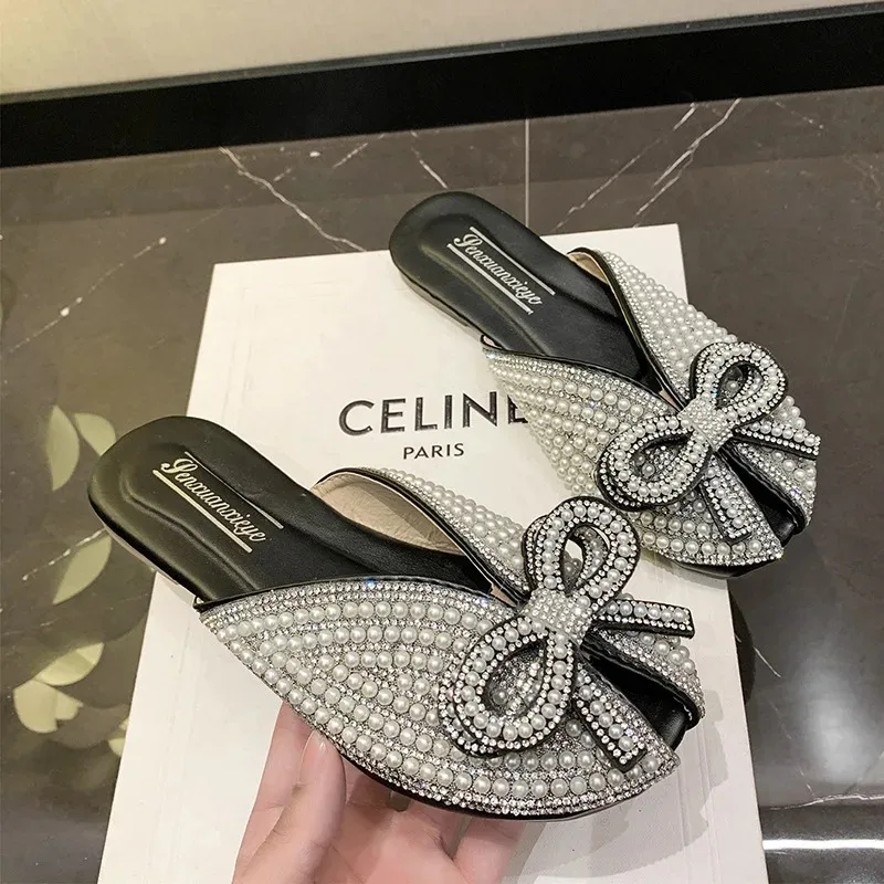 Slippers Women Summer Female Shoes Low Butterfly-Knot Mules Sexy Slides Loafers Peep Toe Fashion String Bead 2024 Cover Luxury P