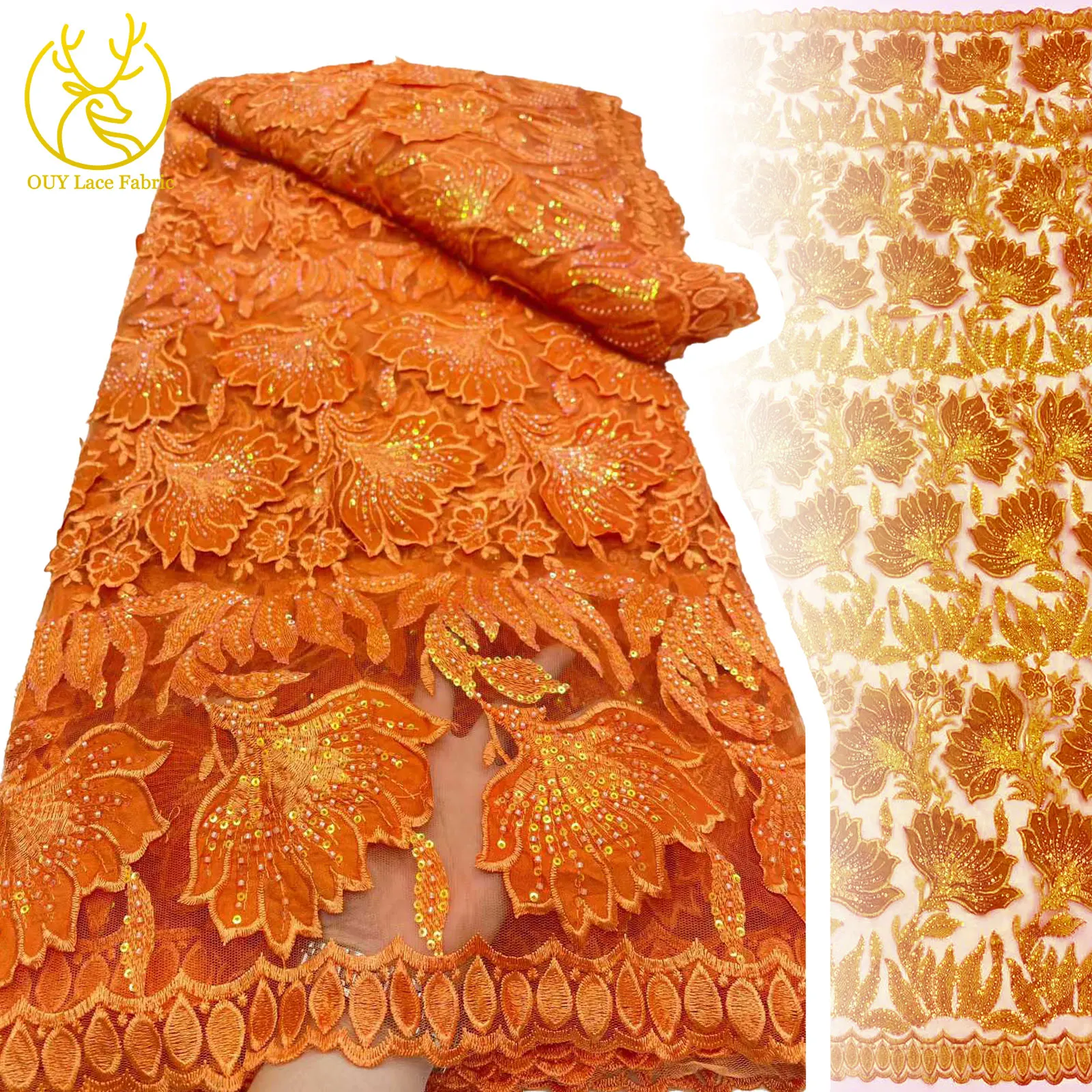 

Orange African French Sequin Milk Silk Lace Fabric 2025 High Quality Nigerian Lace For Women Party Dress Sewing Material 5 Yards