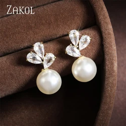 ZAKOL Cute Round Imitation Pearl Stud Earrings For Women Teardrop Zircon Bridal Earring Exquisite Wedding Party Jewelry