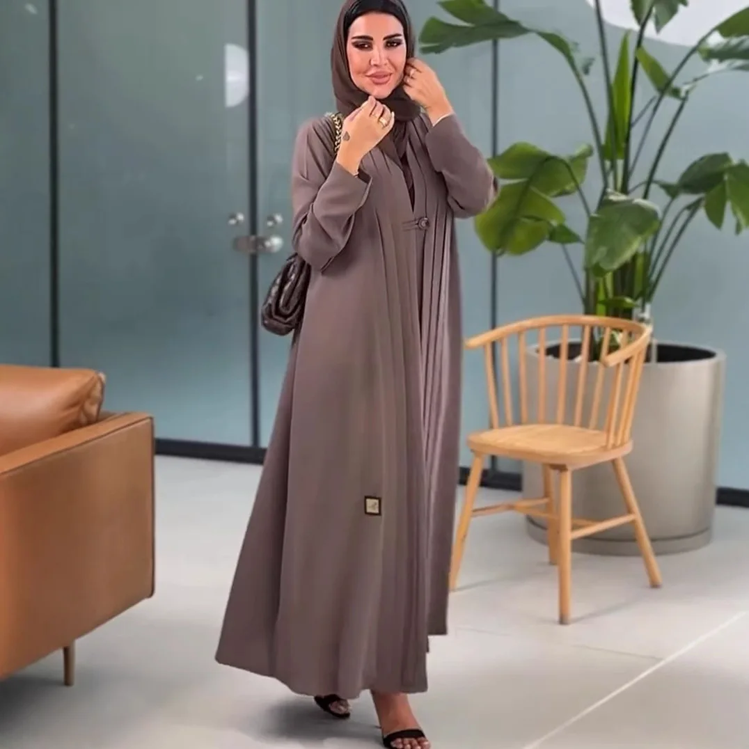 Eid Abaya Musulmano per Le Donne Arabo Abito Lungo Jalabiya Abiti con Bottone Singolo Ramadan Marocco Dubai Abaya Caftano Pieghe Abiti
