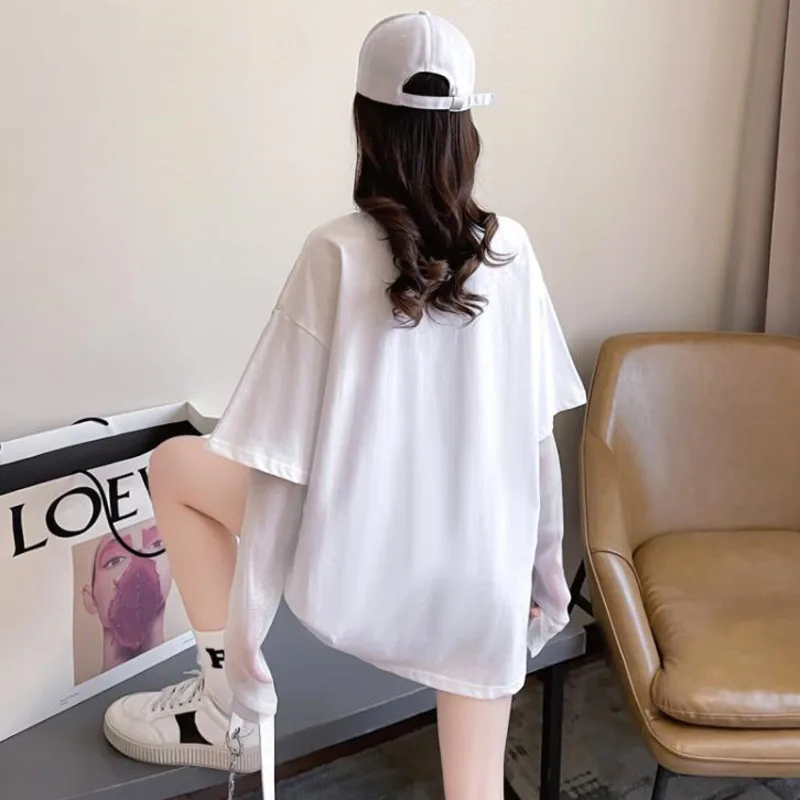 #0623White Black False Two Piece T Shirt Women Stars Short Sleeve T-Shirt Loose Spliced Mesh Sleeve Hip Hop T Shirt Femme Summer