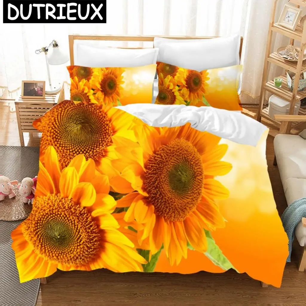 

Orange Sunflower Printed Bedding Set For Lover Couples Gift Flower Pattern Duvet Cover Quilt Home Use Bedlines Double Bed Quilt