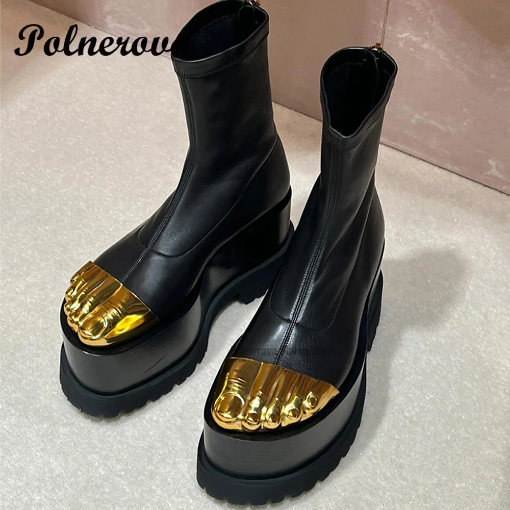 Gold Brass Toes Boots Women Five Gold Fingers Booties Back Zippers High Top New Fashion Banquet Runway 2024 Zapatos Para Mujere