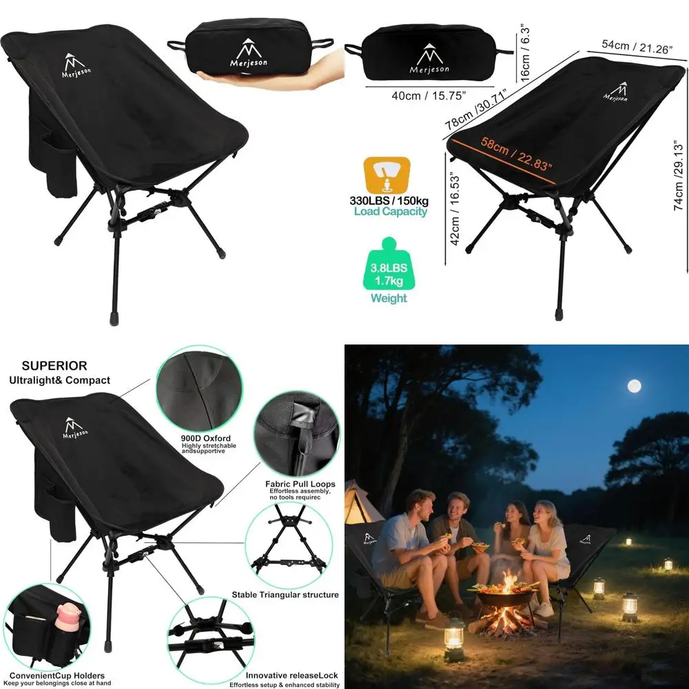 

Ultralight Backpacking Chair with ReleaseLock, Stable and Compact for Outdoor Adventures, Beach, Picnic, Hiking - Black
