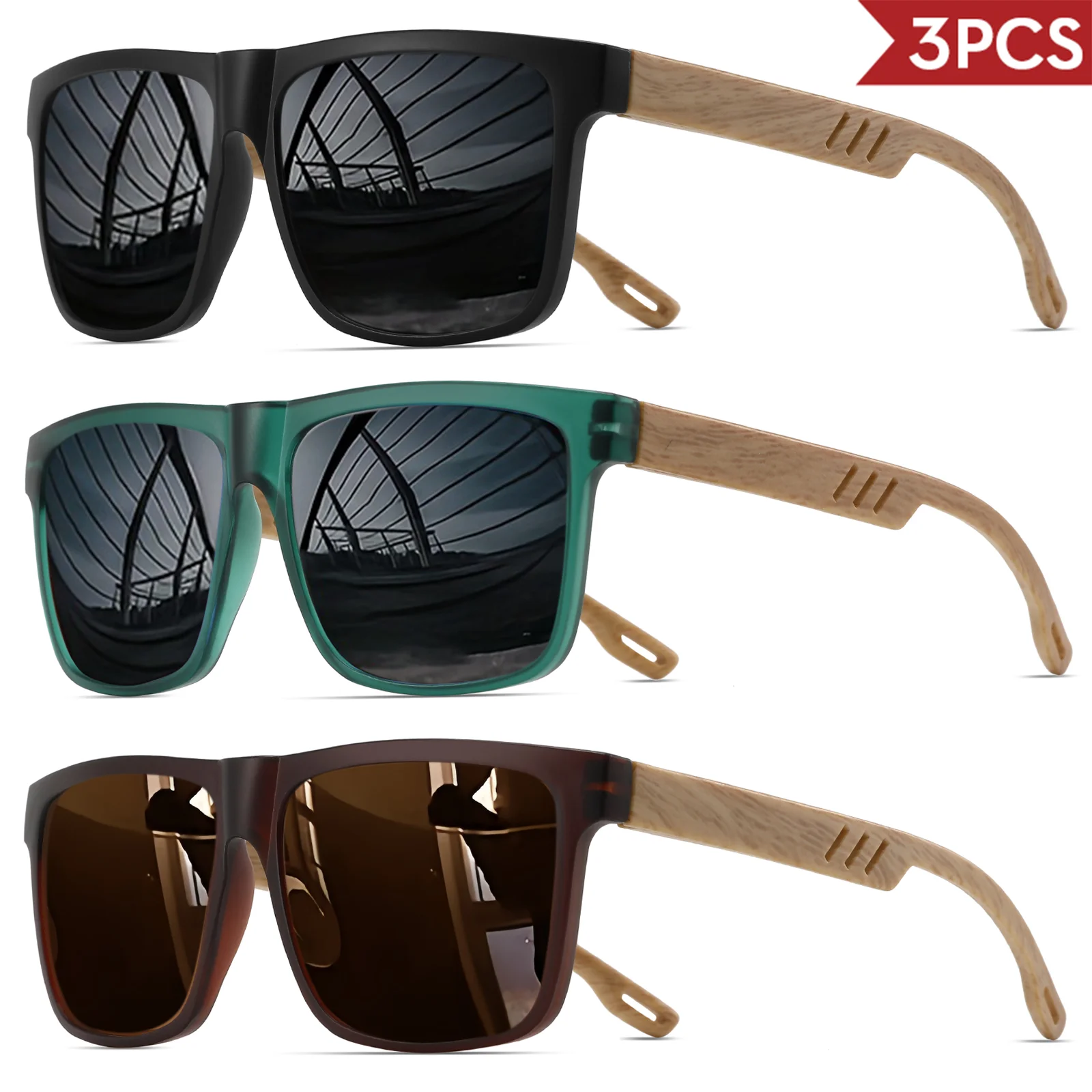 3PCS Kacamata Hitam dengan Engsel Kayu - Bingkai Persegi Retro Klasik, UV400 Unisex Nyaman Dipakai untuk Kegunaan Sehari-hari Kasual