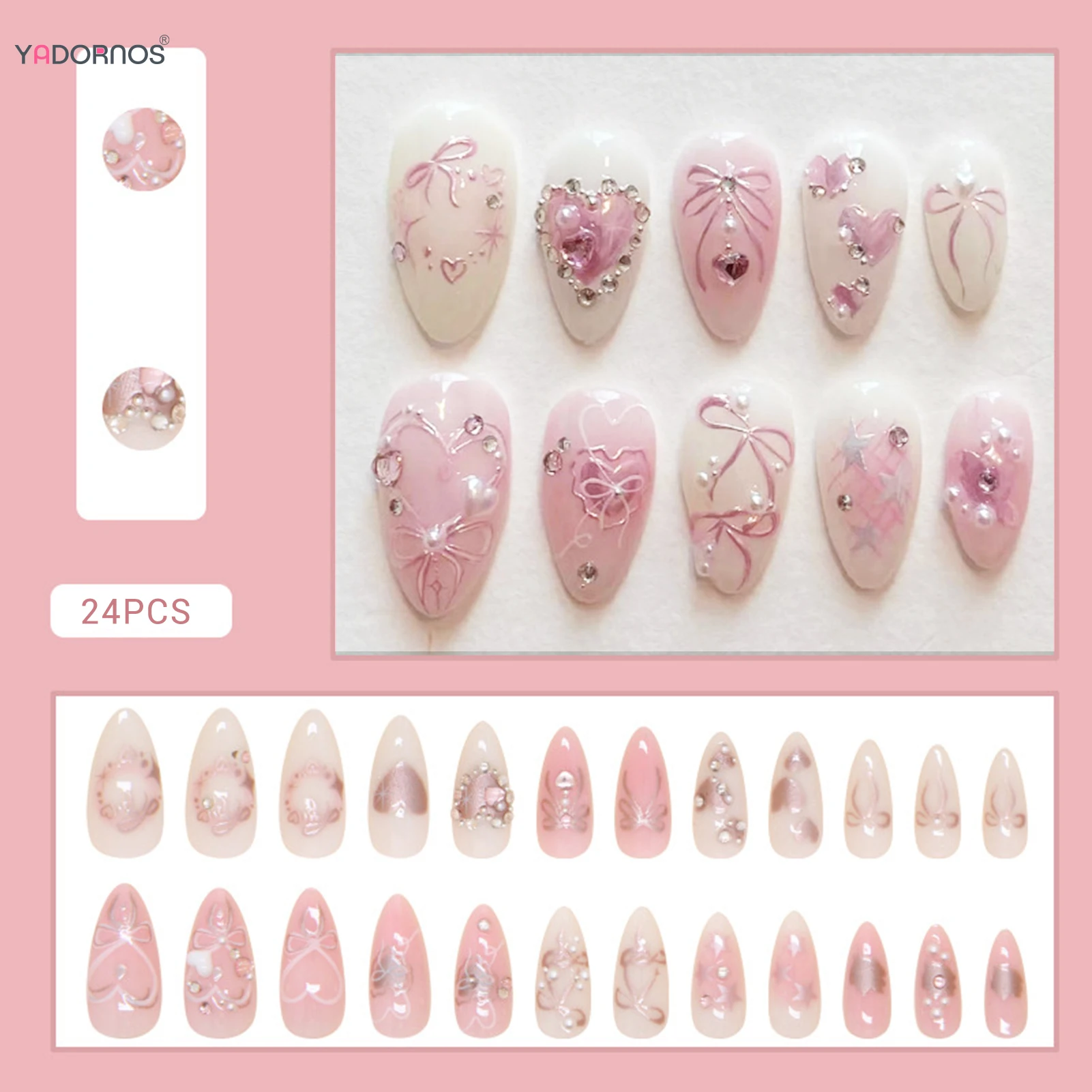 Uñas artificiales de color rosa suave, diseños de diamantes, lazo de corazón de amor, estampado, prensa en uñas, puntas de uñas postizas usables de almendra, 24 Uds.