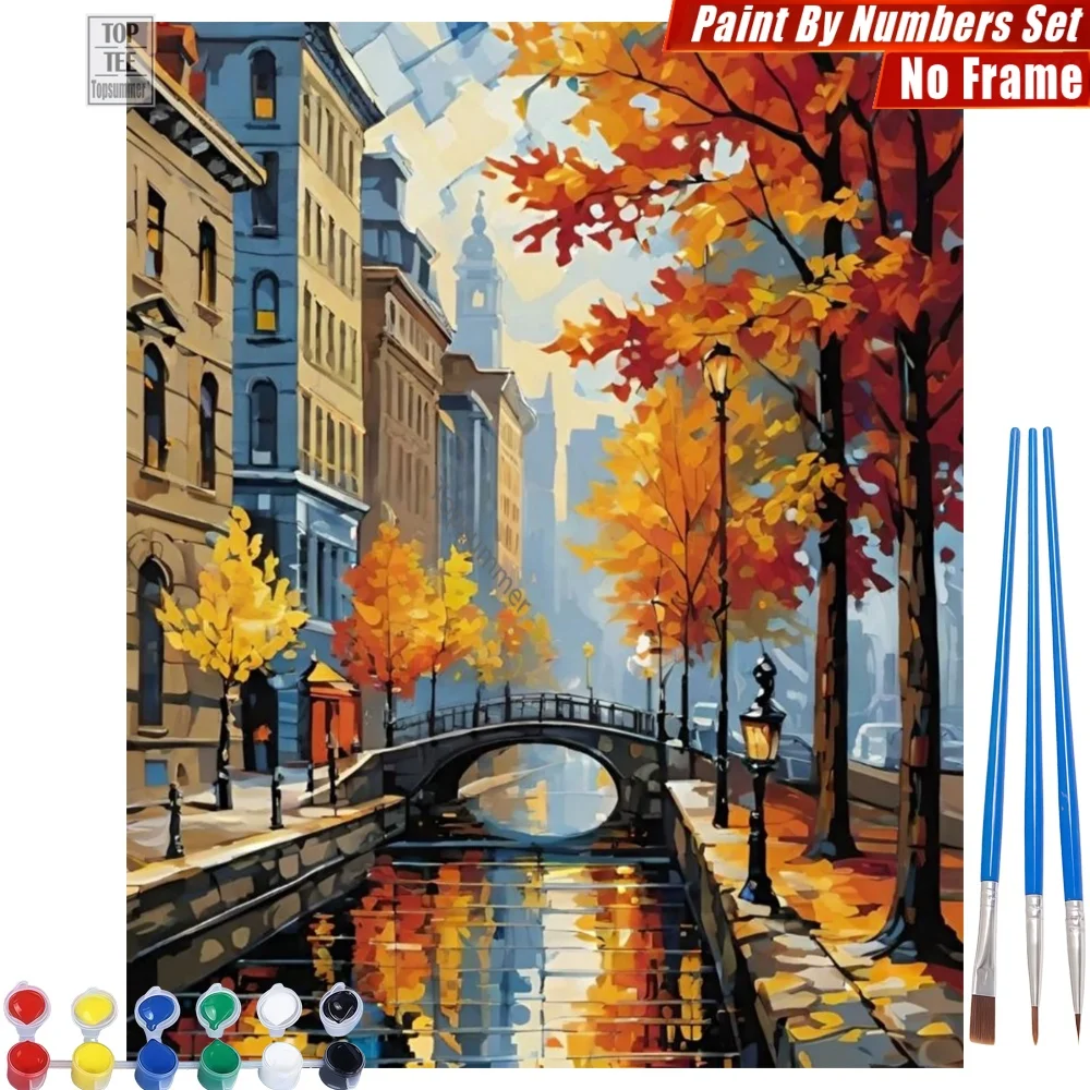 

Autumn City Canal DIY Digital Oil Paint Set - Arched Bridge Buildings Home Bedroom Decor Easter Gift For Traveler