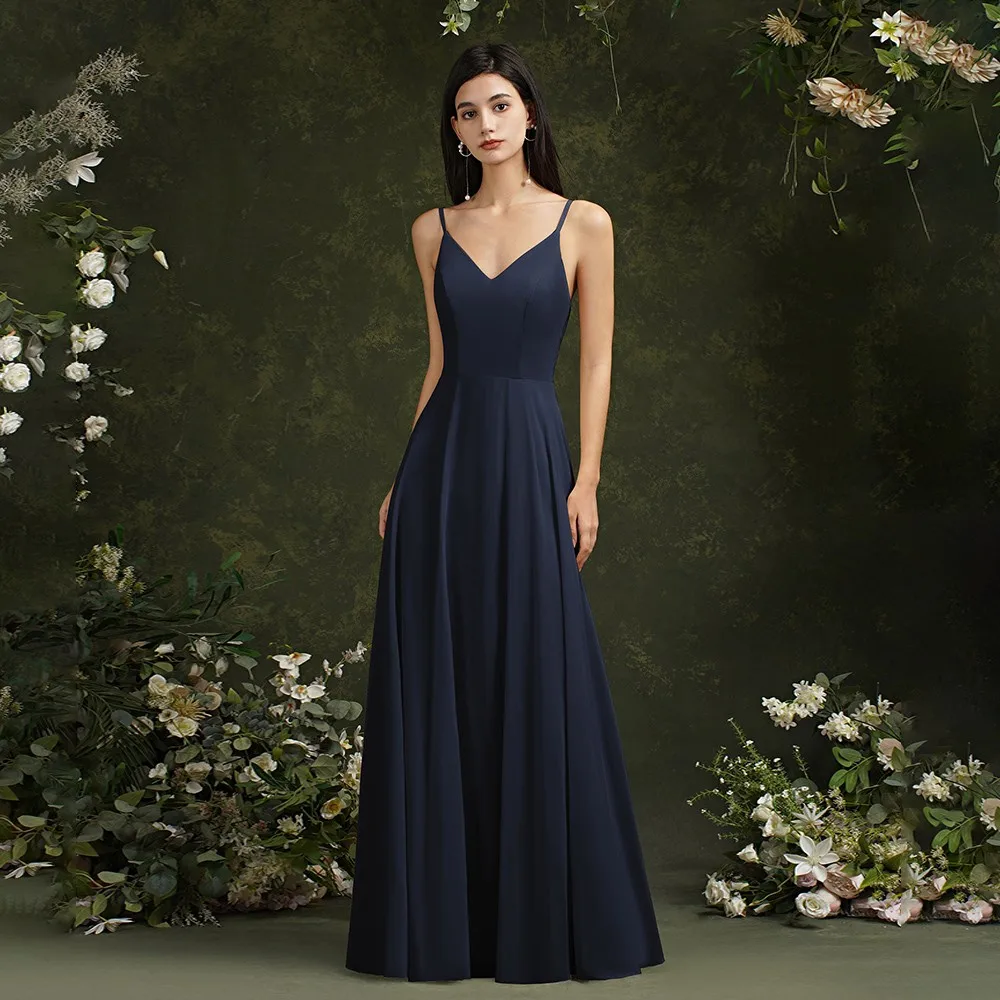 New Long Formal Bridesmaid Dress Evening Dresses With V Neck Elegant Sleeveless Lace Back Party Prom Gowns Robe De Soiree Longue