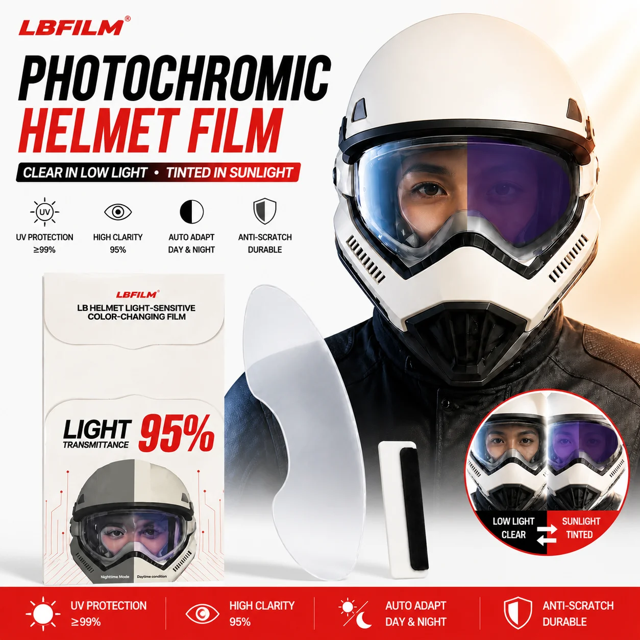 Photochromic Helmet Visor Film 95% Light Transmittance UV Protection Auto Color Changing Anti-Scratch Motorcycle Helmet Film