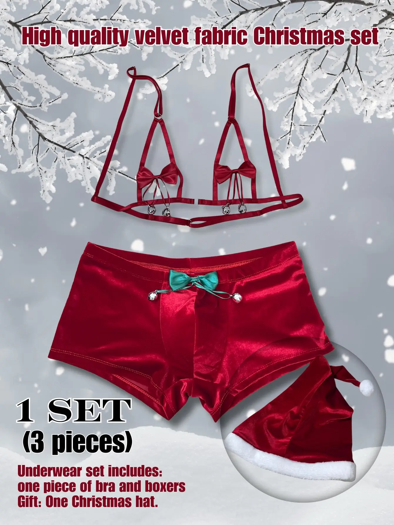 

Men's Set Of Two High-quality Velvet Sexy Sets, Lingerie+underwear Bow Bell Christmas Set, Complimentary Christmas Hat