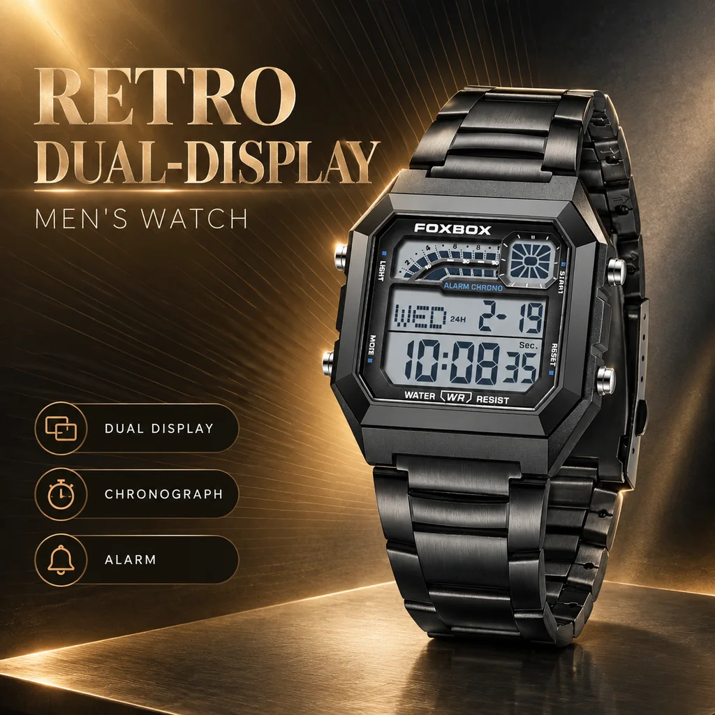 FOXBOX Fashion Digital Man Watch Stainless Steel Casual Sports ChronographAuto Date Waterproof Luminous Electronic Watches Male
