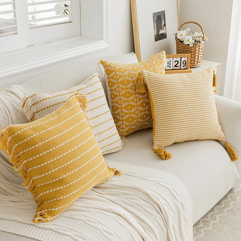 

Nordic Yellow Geometric Tufted Cushion Cover Striped Crochet Tassels Pillow Cover Decorative Home Decorative Cushions for Sofa