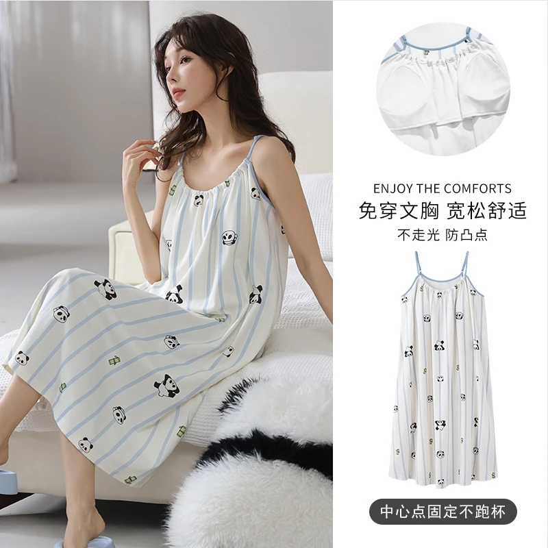 100% cotton camisole sleepwear for women in summer, pure cotton with chest cushion, home clothes, sleeping skirt, thin, purple,
