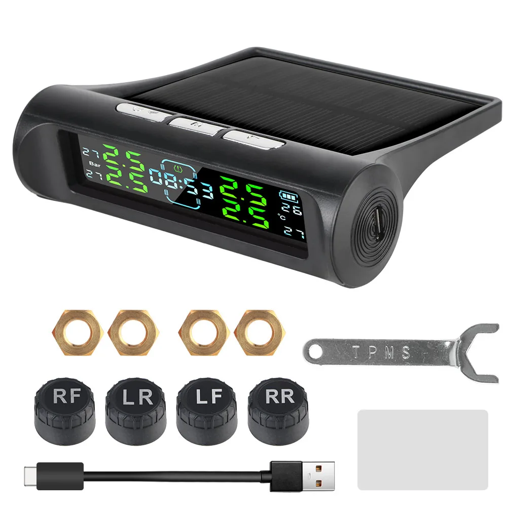 Bandenspanningscontrolesysteem Temperatuurwaarschuwing Nieuwe C Externe batterijversie Sensoren Solar TPMS Autobandenspanningsmonitor - afbeelding 1