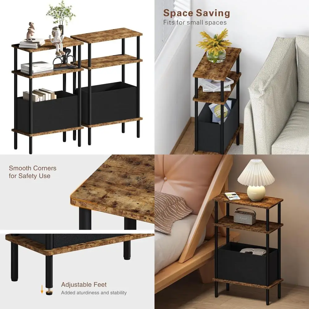 

Compact 2-Piece Side Table Set with Fabric Baskets, 3-Tier Storage, for Living Room & Bedroom, Rustic Brown