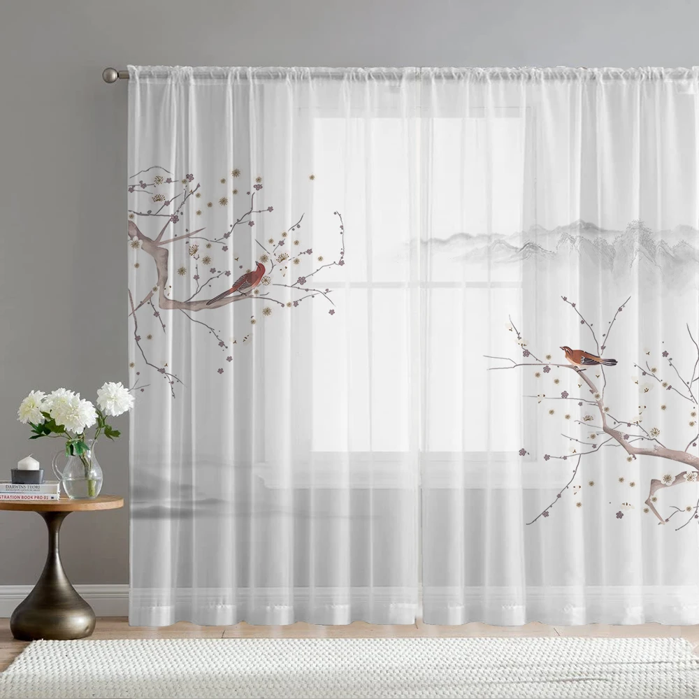 2PCS Home decoration printed window screens, tree branches and bird patterns, curtains with pole bags, suitable for kitchens,